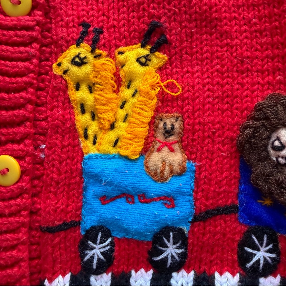 Vintage Toddler Cardigan Sweater Zoo Animal Circus Train Red Size 2 Cotton - Picture 7 of 14